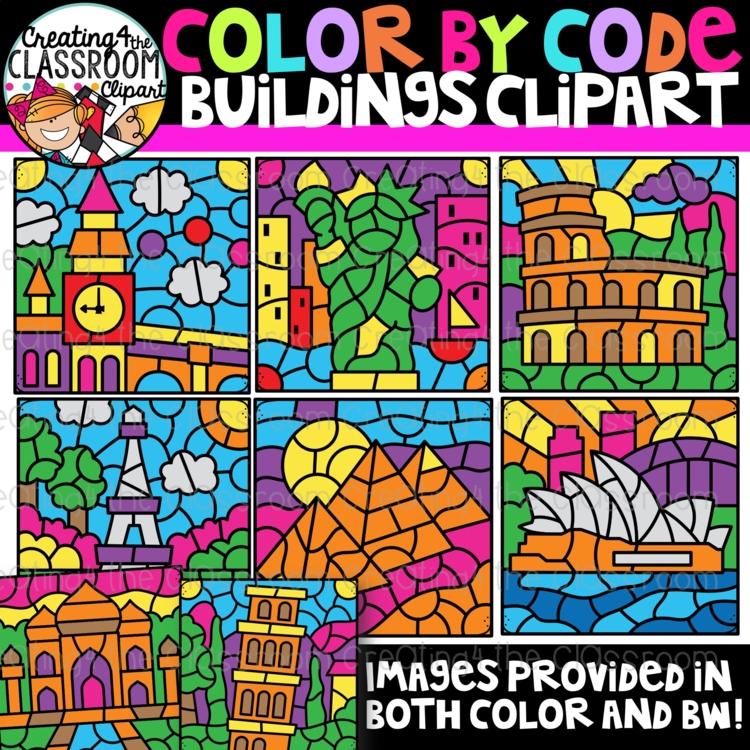 Landmarks Color By Code Clipart {Buildings Clipart}