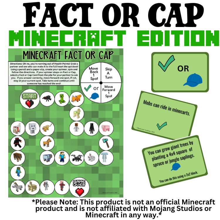 Board Game Minecraft 72 Facts for Printable Activity True or False Trivia Game