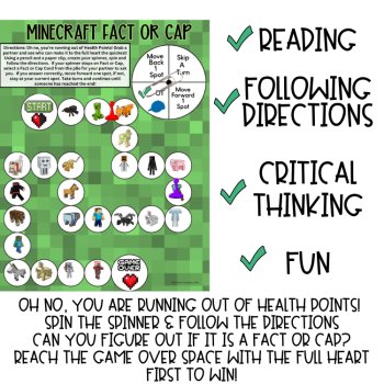 Board Game Minecraft 72 Facts for Printable Activity True or False Trivia Game, image 2