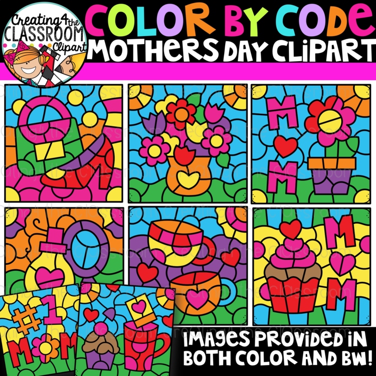 Color by Code Mothers Day Clipart {Color by Number Clipart}