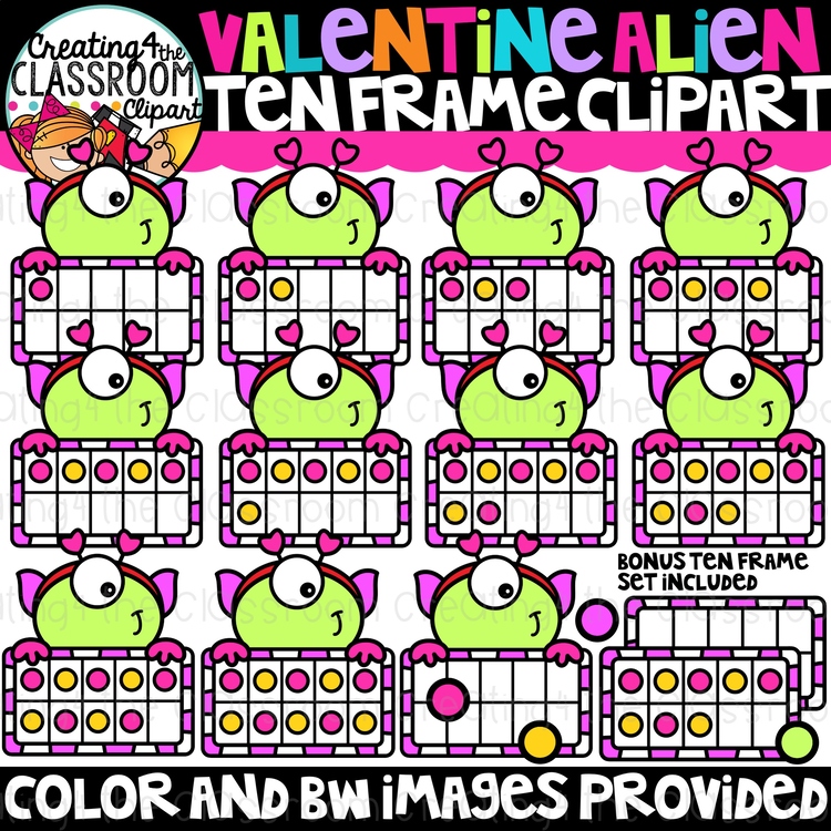 Valentine Alien Ten Frames Clipart {Valentines, Math Clipart}