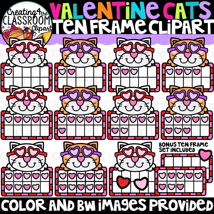 Valentines Cat Ten Frames Clipart {Valentines, Clipart}