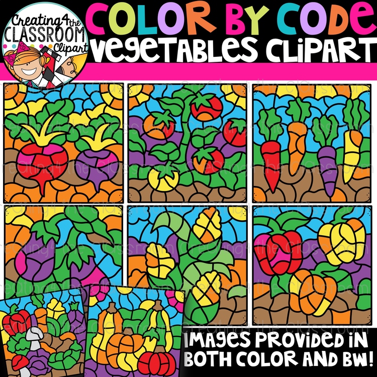 Color by Code Vegetables Clipart {Color by Number Clipart}