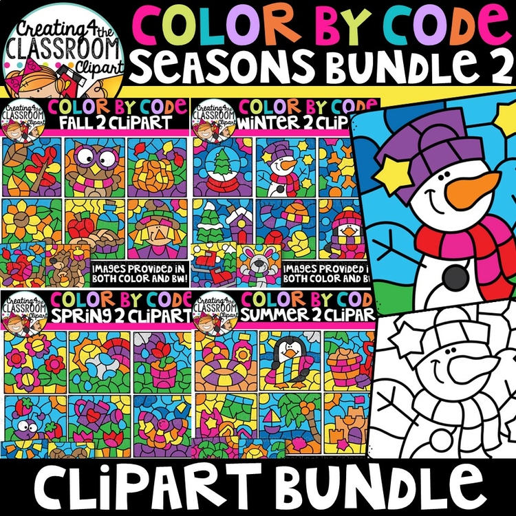 Color By Code Seasons 2 Clipart Bundle {Fall, Winter, Summer, Spring}
