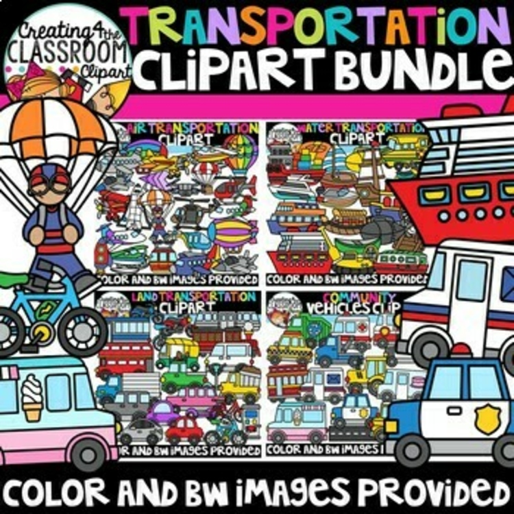 Transportation Clipart Bundle {Air, land, sea, community vehicles}