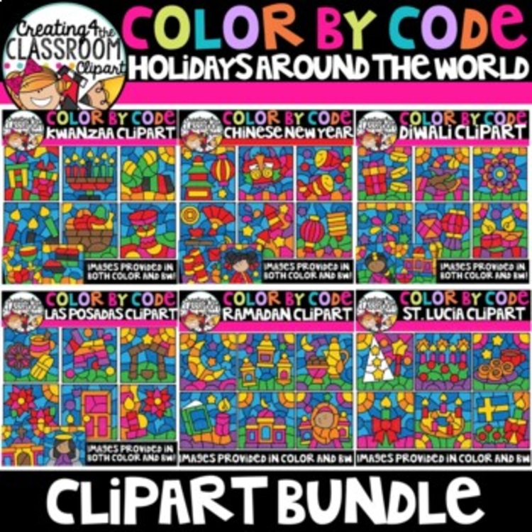 Holidays Around the World Color by Code Clipart Bundle