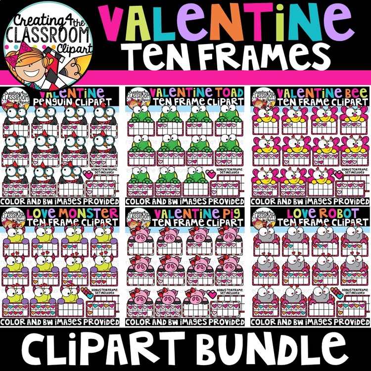 Valentine Ten Frames Clipart Bundle {Valentines Day Clipart}