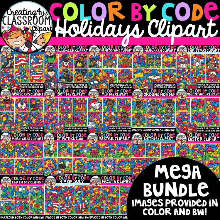 Holidays Color by Code Clipart Mega Bundle