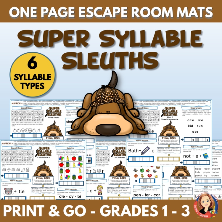 Six Syllable Types Escape Room Mats, Decoding Puzzles and Phonics Game Activity