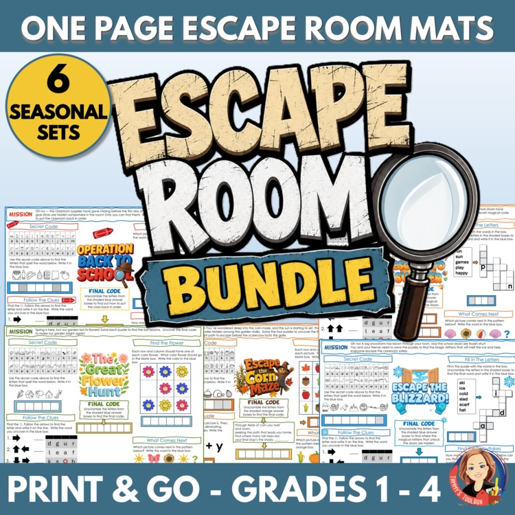 Seasonal One-Page Escape Room Game Printable Worksheets for Kids, Back to School