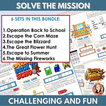 Seasonal One-Page Escape Room Game Printable Worksheets for Kids, Back to School, image 2