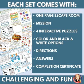 Seasonal One-Page Escape Room Game Printable Worksheets for Kids, Back to School, image 4