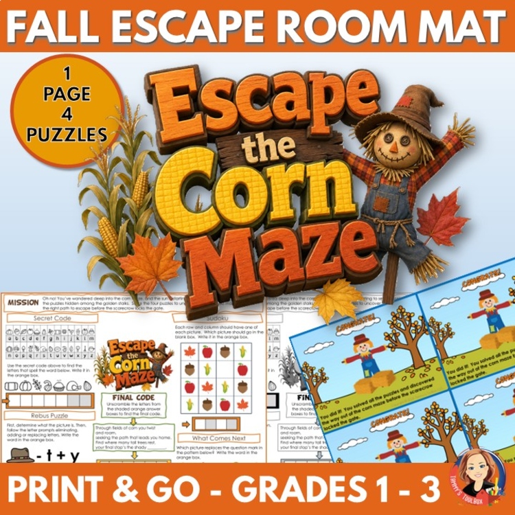 Escape the Corn Maze, One-Page Fall Escape Room Game Activity, Puzzle Worksheet