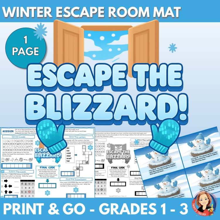 Escape the Blizzard Winter Escape Room, One-Page Critical Thinking Game Activity