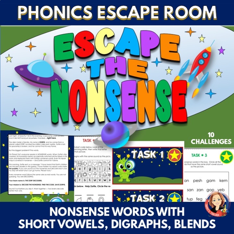Phonics Escape Room, Short Vowel Nonsense Words, Blends, Digraphs, SOR