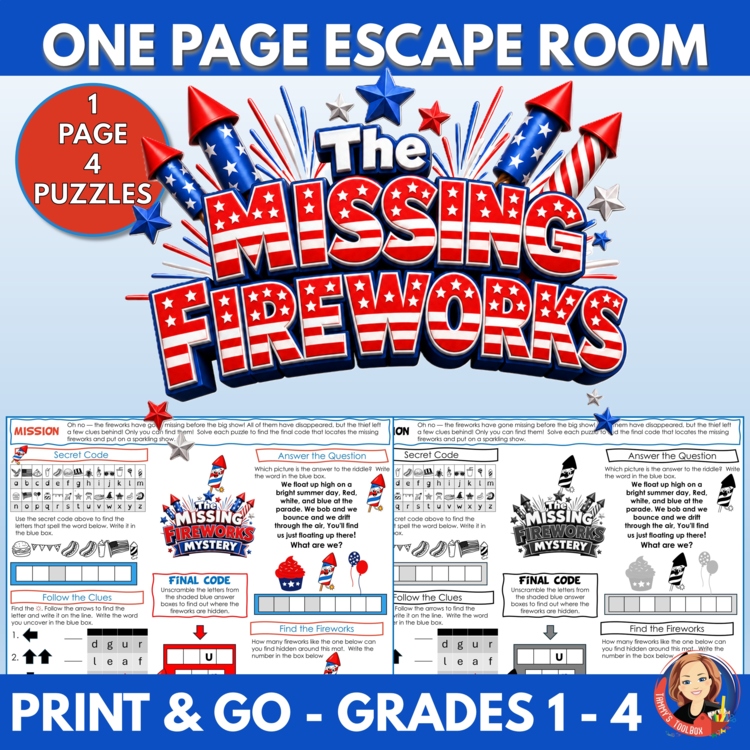 4th of July Escape Room Activity Mat, Independence Day One-Page Mystery Puzzle
