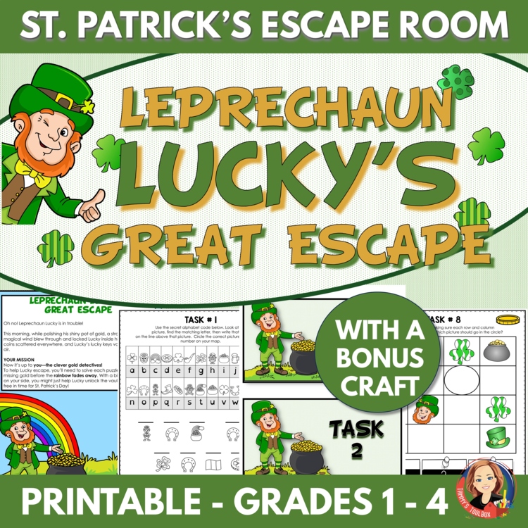 St. Patrick's Day Escape Room Game, Printable Reading, Math Puzzles with Craft