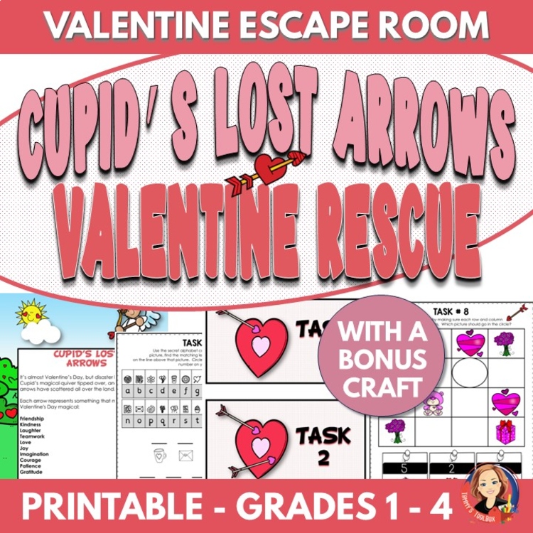 Valentine’s Day Escape Room Game, Printable Reading, Math Puzzles with Craft