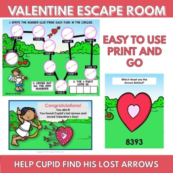 Valentine’s Day Escape Room Game, Printable Reading, Math Puzzles with Craft, image 3