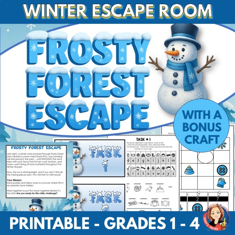 Winter Literacy & Math Escape Room Puzzles with Build a Snowman Craft Game