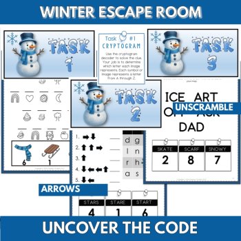 Winter Literacy & Math Escape Room Puzzles with Build a Snowman Craft Game, image 2