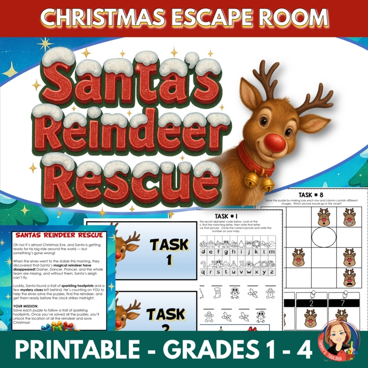 Christmas Escape Room Printable: Reindeer Rescue Reading & Math Puzzle Game