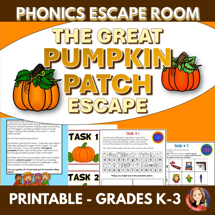 Pumpkin Patch Escape Room | Fall Phonics Game CVC Short Vowel Review Grades K-2