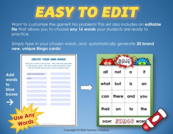 Editable Sight Word Game Bingo with High Frequency Word Lists, image 4