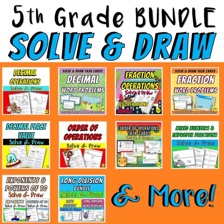 5th Grade Math Solve & Draw Bundle | Engaging Math Review Worksheets | No Prep