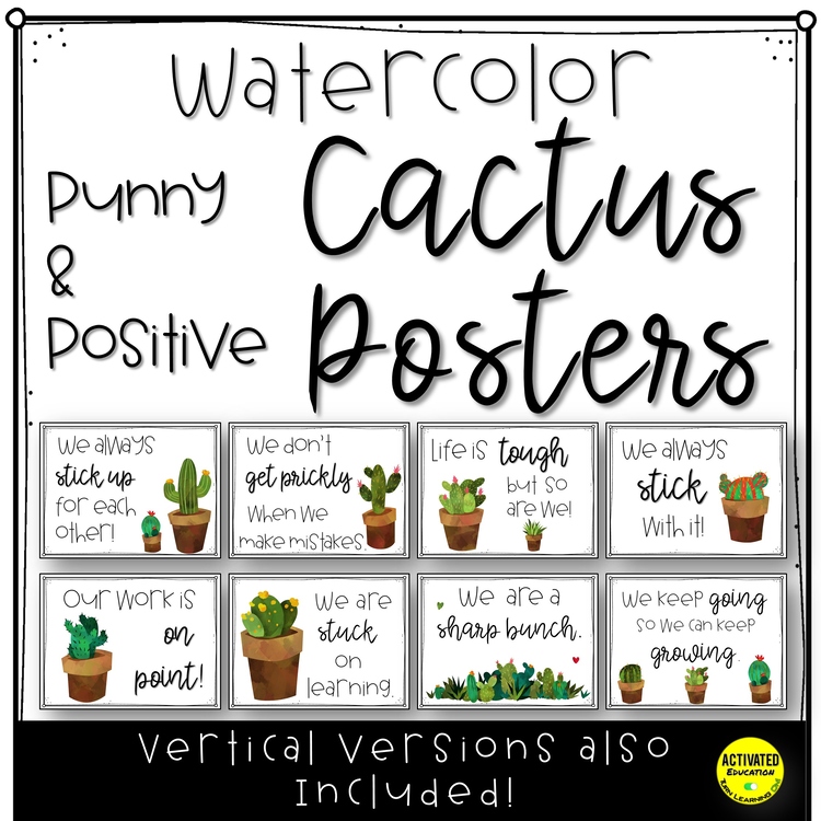Watercolor Cactus Posters Positive Growth Mindset