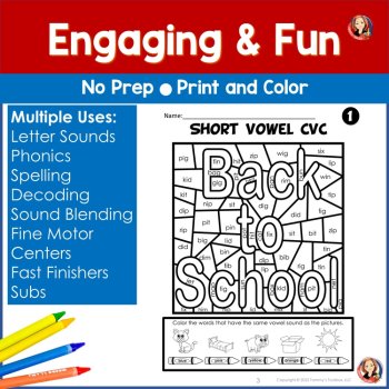 Back to School Coloring Pages and Color by Code for Phonemic Awareness, image 3