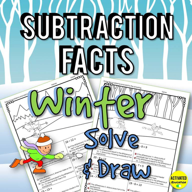 Subtraction Winter Math Color By Answer Solve and Draw