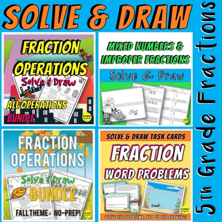 5th Grade Fractions Solve & Draw Bundle | Creative Fraction Practice Worksheets