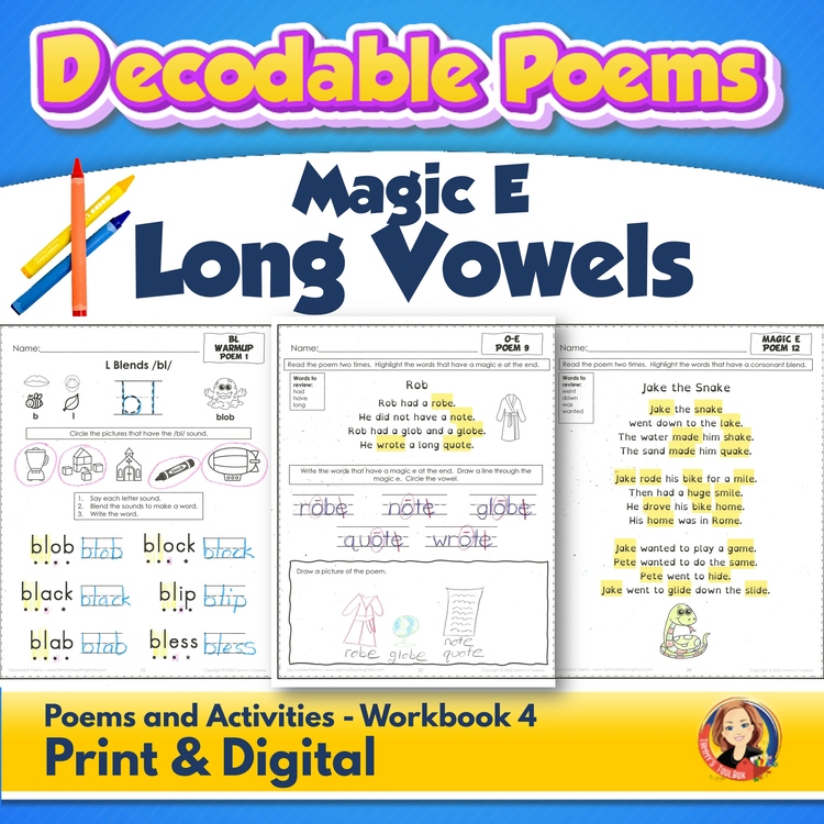Magic E Decodable Readers Poems and Worksheets, Silent E decodable reading