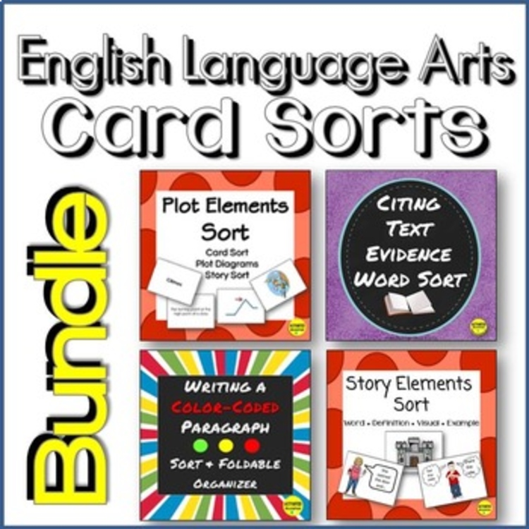 ELA Card Sort Bundle | Plot, Story Elements, Text Evidence & Paragraph Writing