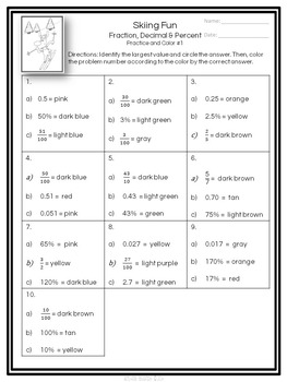 Winter Math Fraction, Decimal & Percent Color By Number, image 3