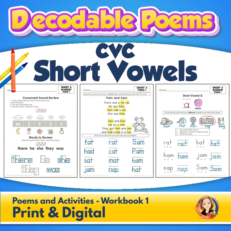 Phonics CVC Decodable Reader Poems & Worksheets | Short Vowel Word Practice