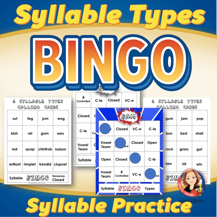 6 Syllable Types Bingo Activities, Editable Word Cards, Syllable Division Game