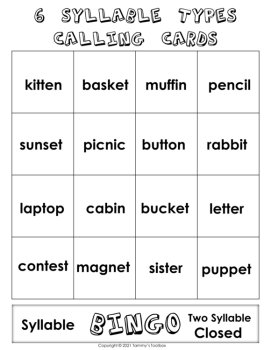 6 Syllable Types Bingo Activities, Editable Word Cards, Syllable Division Game, image 3