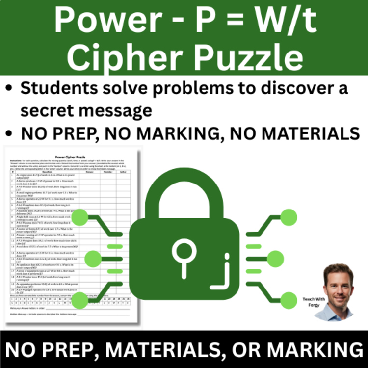 Power Cipher Puzzle - Physics Activity | Power, Work, Time Calculations, Watts