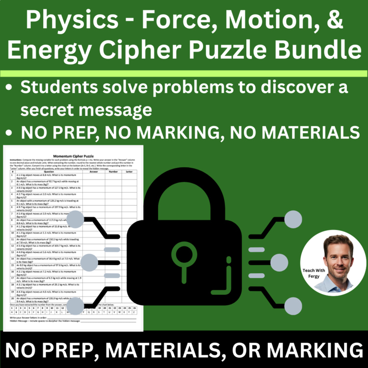 Physics - Force, Motion, and Energy Cipher Puzzle Bundle | Velocity, Momentum