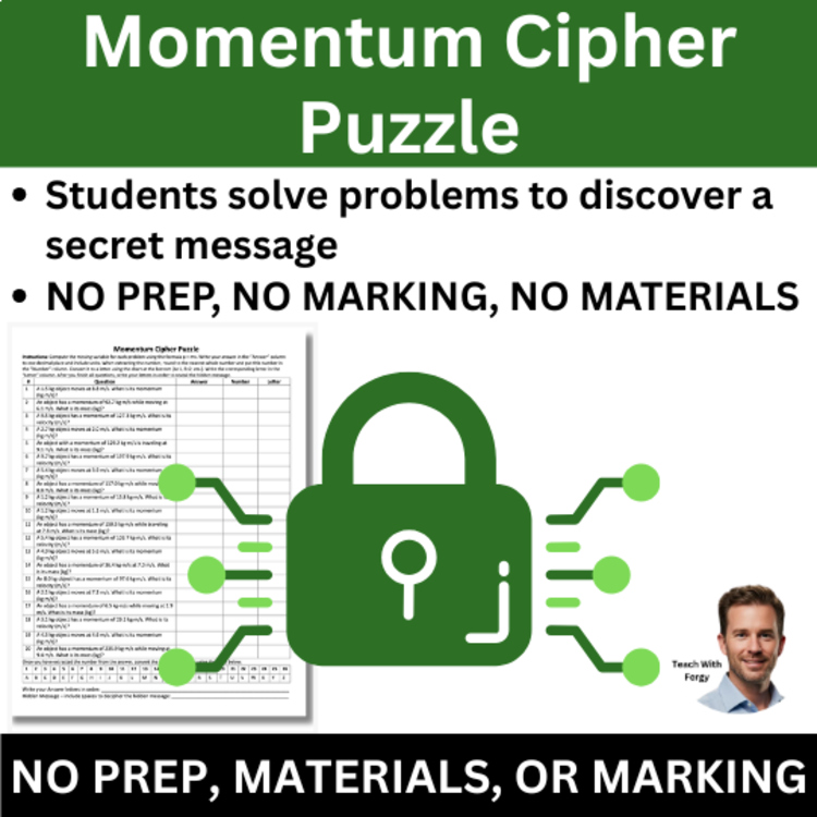 Momentum Cipher Puzzle - Physics Activity | Solving for Mass, Velocity, & p=mv