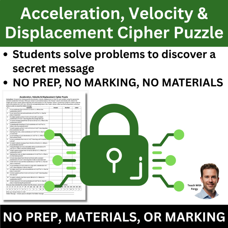 Acceleration, Velocity, & Displacement Cipher Puzzle - Physics Activity