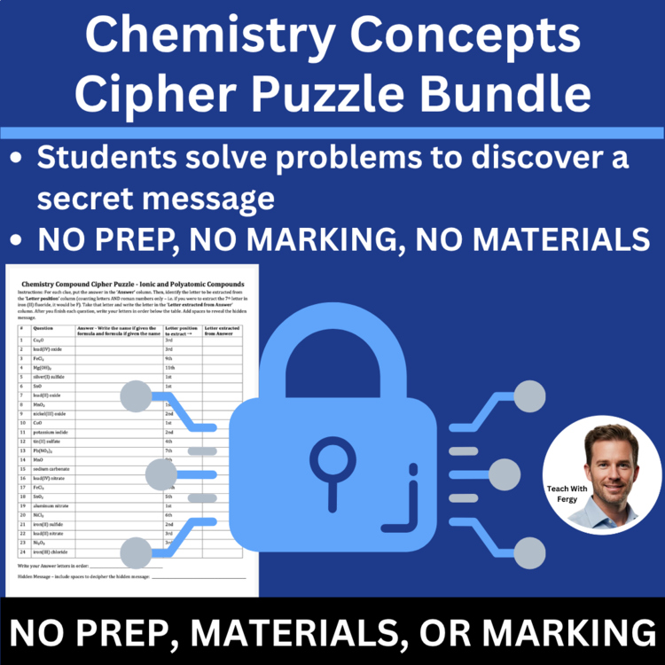 Chemistry Concepts Cipher Puzzle Bundle | Periodic Table, Nomenclature, Stoich