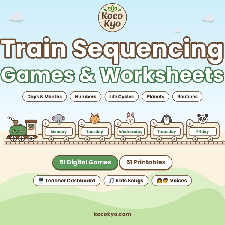 K 3 Train Sequencing Games & Worksheets | 51 Digital Games + 51 Pintable's