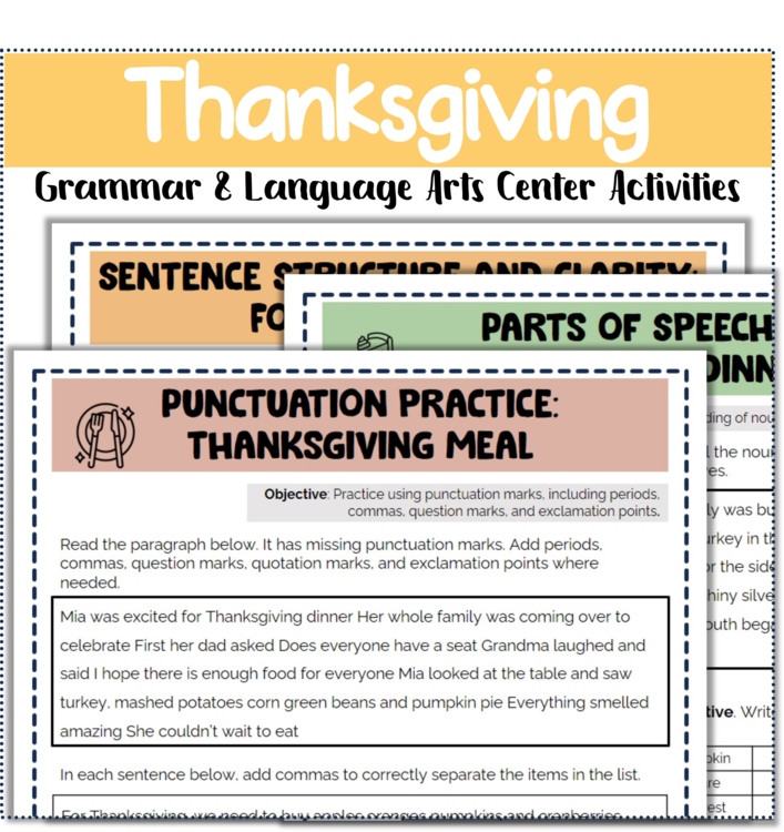 Thanksgiving Grammar & Language Arts Center Activities grades 3-5