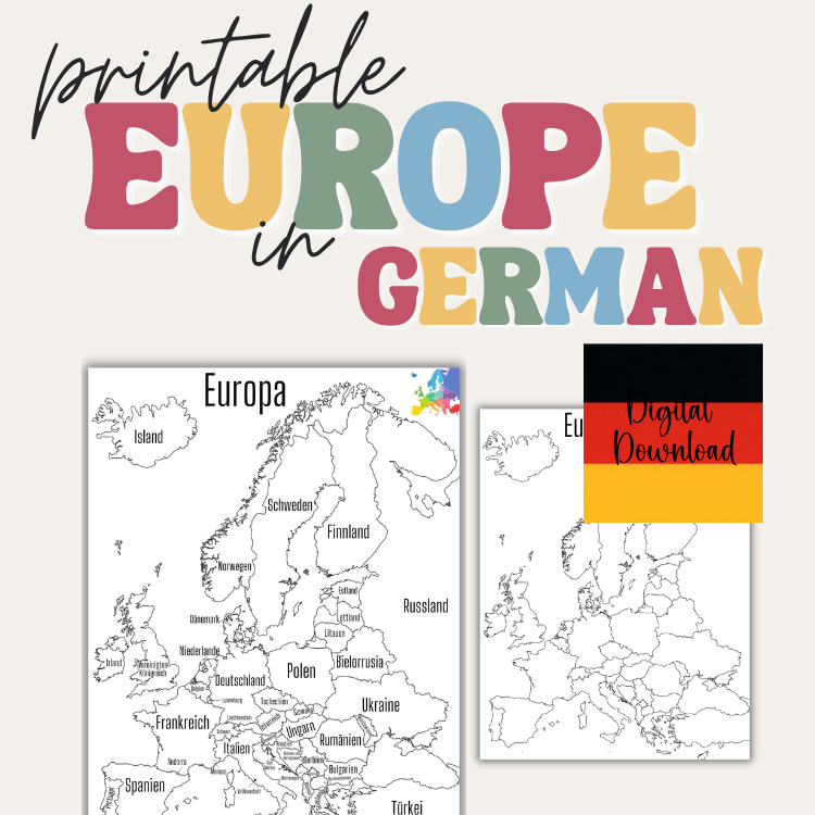 Map of Europe in GERMAN | GERMAN Language Europe map | Printable PDF