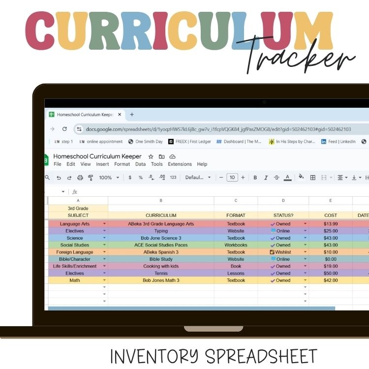 Curriculum Keeper Editable Homeschool Google Sheets Planner
