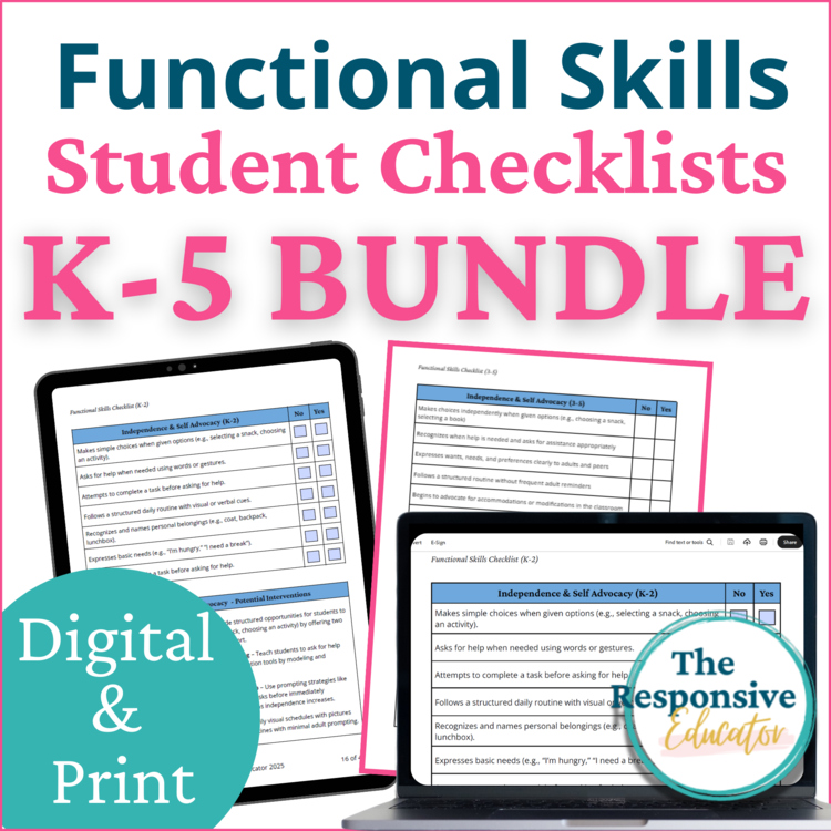 Functional Life Skills Checklist, IEP Goals & Interventions K–5th Grade Bundle