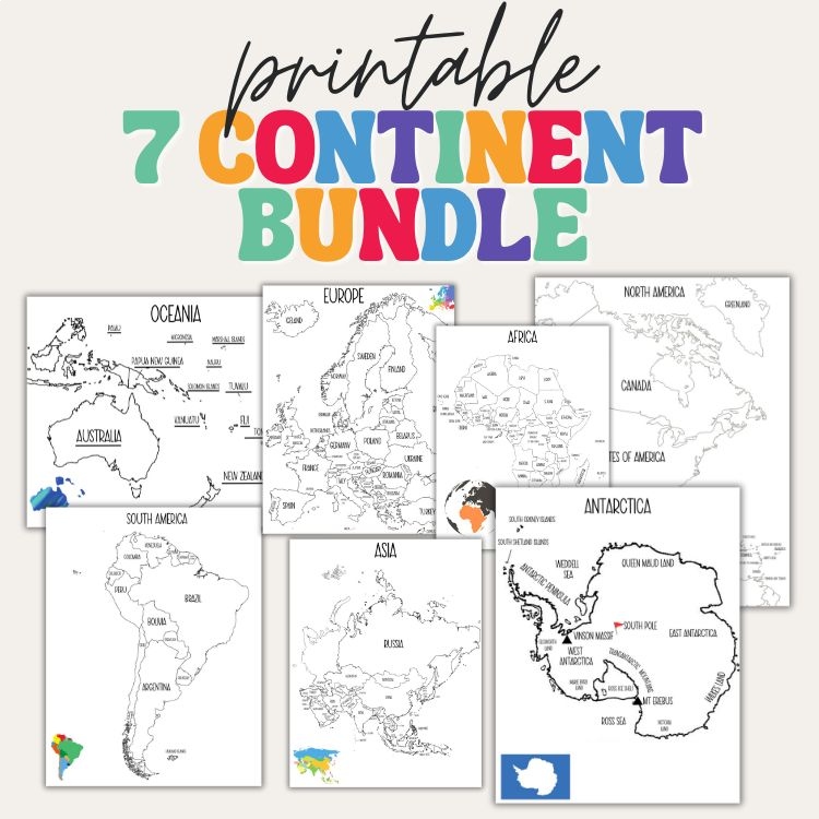 7 Continent Map Bundle | Printable | Instant Download | PDF